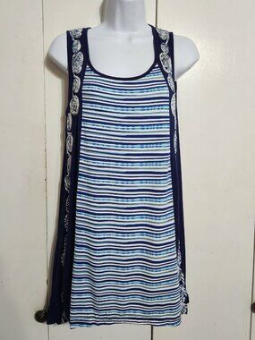 V Cristina Tank Top Womens S Blue Striped Rosette Trim Sheer Geometric Back Y2K